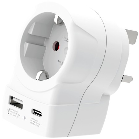 Reseadapter Europa till UK USB-A/USB-C 20W PD Jordad | Hauks.se