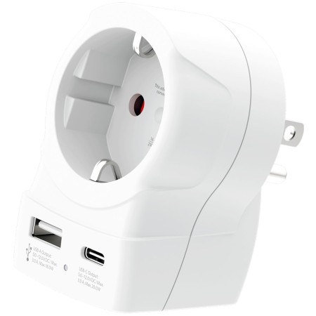 Reseadapter Europa till USA USB-A/USB-C 20W PD Jordad | Hauks.se