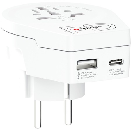 Reseadapter Världen till Europa USB-A/USB-C 20W Jordad | Hauks.se
